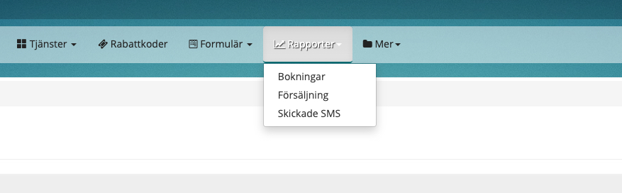 Meny rapporter för bokningar, försäljning och skickade SMS